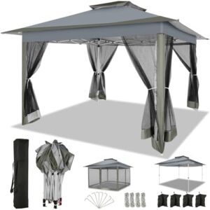 Experience outdoor living with the Cobizi pop-up gazebo, featuring mosquito netting and sandbags. Perfect for gardens, backyards, or lawns, this portable tent includes 4 ropes, 8 stakes, and a carrying bag.
