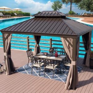 Transform your outdoor space with the Kozyard Alexander 10' X 12' Hardtop Gazebo featuring a durable aluminum metal frame, galvanized steel canopy and netting for maximum weather protection. Perfect for patio, backyard or deck use.