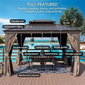 Transform your outdoor space with the Kozyard Alexander 10' X 12' Hardtop Gazebo featuring a durable aluminum metal frame, galvanized steel canopy and netting for maximum weather protection. Perfect for patio, backyard or deck use.