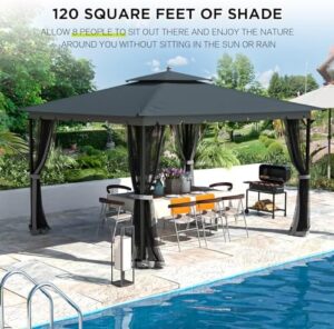 Enhance your outdoor living with this [Upgraded] 10x12 Gazebo featuring heavy-duty metal frame, dual air roof and waterproof canopy. Perfect for patio decks!