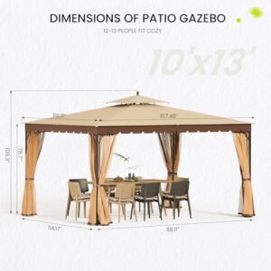 Discover the ultimate outdoor retreat with our [Upgraded] 10x13 Gazebo featuring sturdy metal frame, mosquito netting, and waterproof canopy. Perfect for patio gatherings!