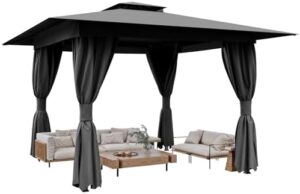 Discover the YOLENY 10'x10' Outdoor Gazebo, a heavy-duty party tent with double roofs, curtains, and nettings for deck, lawn, or backyard use. Perfect for outdoor gatherings and events.