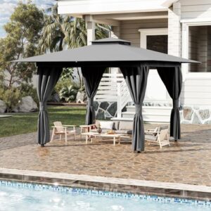 Discover the YOLENY 10'x10' Outdoor Gazebo, a heavy-duty party tent with double roofs, curtains, and nettings for deck, lawn, or backyard use. Perfect for outdoor gatherings and events.