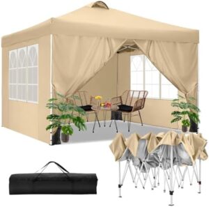 "Create a comfortable outdoor space with the COBIZI Canopy Tent, featuring waterproof commercial instant gazebos with 4 sidewalls and sturdy stakes & ropes. Perfect for parties or backyard gatherings."