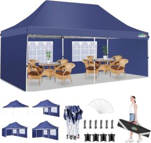 Here is the optimized SEO meta description:

"Turn any outdoor space into a party venue with the COBIZI 10x20 Pop Up Canopy featuring 4 sidewalls, waterproof and UV-resistant fabric. Perfect for events, commercial use or backyard gatherings. Includes carry bag, sandbag, stake, and rope."