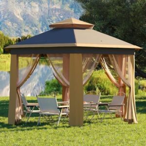 "Transform your outdoor space with this 13x13FT pop up gazebo featuring hexagonal canopy, strong steel frame, and mesh netting. Perfect for patios, backyards, gardens, or weddings."