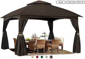 "Transform your outdoor space with the ABCCANOPY 10x10 gazebo, featuring mosquito netting and sturdy construction. Perfect for shade and rain protection on lawns, gardens, backyards, and decks."