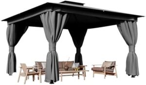 Enhance your outdoor gatherings with the YOLENY Grey Patio Gazebo, featuring a sturdy metal frame, double roofs, and heavy-duty pavilion with curtains and nettings for maximum comfort. Perfect for decks, lawns, or backyards!