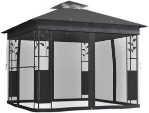 Enhance your outdoor living with the Outsunny 10' x 10' Gazebo featuring shelves and netting for added storage and protection. Perfect for lawns, backyards, or decks, this dark gray canopy shelter offers UV30+ protected relaxation.