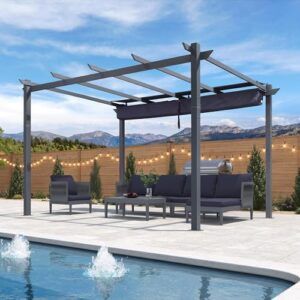 Here is the optimized SEO meta description:

"Transform your outdoor space with this modern 10' x 13' patio retractable pergola featuring a navy blue shade canopy and metal shelter pavilion perfect for porch, deck, or backyard gatherings."