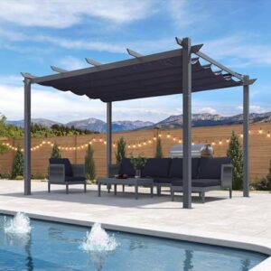 Here is the optimized SEO meta description:

"Transform your outdoor space with this modern 10' x 13' patio retractable pergola featuring a navy blue shade canopy and metal shelter pavilion perfect for porch, deck, or backyard gatherings."
