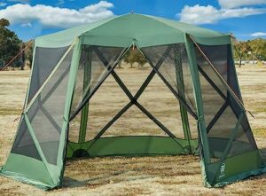 Perfect outdoor shelter for camping and backyard events! This 11.5x9.8ft pop-up tent has a screened gazebo canopy with netting, providing bug-free comfort and protection. Perfectly portable, easy to set up, and spacious enough for friends and family. Get ready to enjoy the great outdoors!