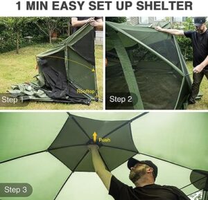 Perfect outdoor shelter for camping and backyard events! This 11.5x9.8ft pop-up tent has a screened gazebo canopy with netting, providing bug-free comfort and protection. Perfectly portable, easy to set up, and spacious enough for friends and family. Get ready to enjoy the great outdoors!