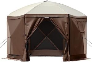 Stay dry and cozy outdoors with this 12x12 ft pop-up gazebo tent, perfect for camping and backyard gatherings. Features a 6-sided design, 8 person capacity, and easy set up.
