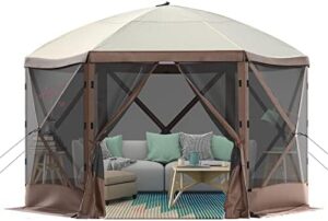 Stay dry and cozy outdoors with this 12x12 ft pop-up gazebo tent, perfect for camping and backyard gatherings. Features a 6-sided design, 8 person capacity, and easy set up.