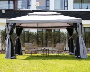 Here is the optimized SEO meta description:

"Discover the Yangming Gazebo, a 10x13 ft outdoor gazebos clearance with outside mosquito netting and curtains for patio deck backyard garden. Gray color, perfect for relaxation and entertainment."