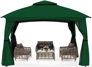 Here is the generated SEO meta description:

"Transform your outdoor space with the ABCCANOPY 10x10 gazebo featuring mosquito netting, perfect for shade and rain protection on lawns, gardens, backyards & decks. Enjoy the forest green design."

Let me know if this meets your requirements!