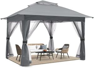 Discover the Cooshaide 13x13 pop up gazebo tent, perfect for outdoor gatherings. Enjoy shade and comfort with mosquito netting and grey color. Perfect for patios or events!