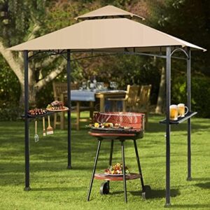 Here is the optimized SEO meta description:

"Upgrade your outdoor BBQ experience with Giantex's Grill Gazebo Canopy Tent, featuring a double-tier sun-resistant roof, air vent, and steel frame hooks. Perfect for patio gatherings, this 8'X5' beige shelter includes a bottle opener."