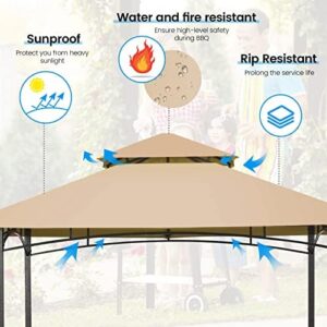 Here is the optimized SEO meta description:

"Upgrade your outdoor BBQ experience with Giantex's Grill Gazebo Canopy Tent, featuring a double-tier sun-resistant roof, air vent, and steel frame hooks. Perfect for patio gatherings, this 8'X5' beige shelter includes a bottle opener."