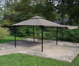 Transform your backyard into a cozy retreat with the Backyard Expressions 10' x 10' Gazebo featuring two extending side panels for ample space to relax and entertain.