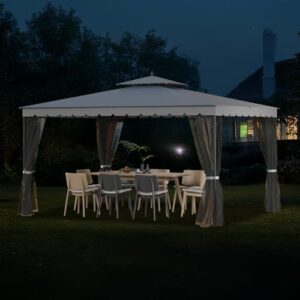 Here is the meta description:

"Elevate your outdoor space with this sturdy 10x13 gazebo featuring mosquito netting, heavy-duty frame, and wind-resistant design. Perfect for backyard gatherings."