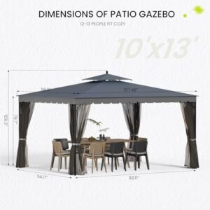 Here is the meta description:

"Elevate your outdoor space with this sturdy 10x13 gazebo featuring mosquito netting, heavy-duty frame, and wind-resistant design. Perfect for backyard gatherings."