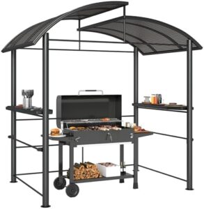 Here is the optimized SEO meta description:

"Protect your outdoor gatherings with the Outsunny 8' x 5' Grill Gazebo featuring a vented polycarbonate roof and side shelves. Perfect for garden, patio, or backyard use, in dark gray."