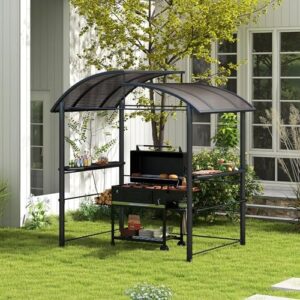 Here is the optimized SEO meta description:

"Protect your outdoor gatherings with the Outsunny 8' x 5' Grill Gazebo featuring a vented polycarbonate roof and side shelves. Perfect for garden, patio, or backyard use, in dark gray."