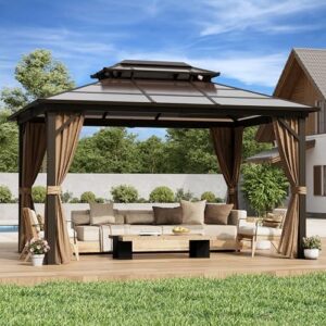 Enhance your outdoor living space with the Yolemy 10'x13' Hardtop Gazebo, featuring a double roof canopy, aluminum frame, and curtains/netting. Perfect for lawns, patios, and gardens.