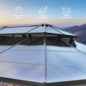Enhance your outdoor living space with the Yolemy 10'x13' Hardtop Gazebo, featuring a double roof canopy, aluminum frame, and curtains/netting. Perfect for lawns, patios, and gardens.