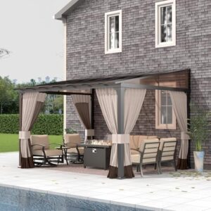 Elevate your outdoor living space with the Gotland 10FTx12FT Pergola, featuring a metal frame gazebo with sloping sun panel roof and double curtains for patio, garden, or lawn, perfect for relaxation.