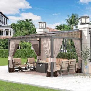 Elevate your outdoor living space with the Gotland 10FTx12FT Pergola, featuring a metal frame gazebo with sloping sun panel roof and double curtains for patio, garden, or lawn, perfect for relaxation.