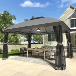 Enjoy outdoor gatherings with the EROMMY 10 x 13 Patio Gazebo, featuring waterproof canopy and mosquito netting. Perfect for backyard or deck use, with sturdy metal frame and double air roofs.