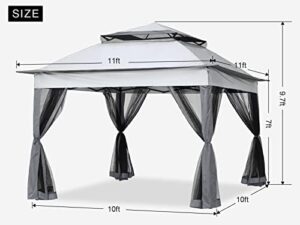 Enhance your outdoor gatherings with the MASTERCANOPY Patio Gazebo's pop-up design and mesh walls for bug-free relaxation. Perfect for small spaces, this dark gray gazebo measures 11x11 feet.