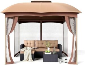 Elevate your outdoor living space with the 10x10 Double Vent Canopy Gazebo featuring mosquito netting and easy setup steel frame perfect for patio, lawn, garden, backyard, or deck.