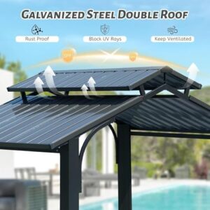 Upgraded outdoor grilling experience with the Hardtop Grill Gazebo 8x5FT, featuring a double galvanized steel roof, side shelves, and ceiling hooks. Ideal for patio gatherings!
