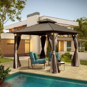 Here is the optimized meta description:

"Permanent metal gazebo with double roof and curtains/netting for outdoor events. Galvanized steel construction and brown finish. Perfect for parties, weddings, dining and backyard gatherings."