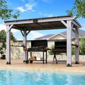 Elevate your outdoor gatherings with the 6.5x12.5 FT wood grill gazebo featuring a hardtop galvanized steel roof and cedar wood construction. Perfect for BBQs, gardens, or decks.