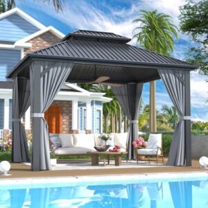 Elevate your outdoor space with the 10x12 FT Gazebo Hardtop featuring an aluminum frame, double galvanized steel roof, and curtains/netting. Perfect for patios, backyards, decks, or lawns, this grey gazebo offers versatile shelter.