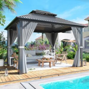 Elevate your outdoor space with the 10x12 FT Gazebo Hardtop featuring an aluminum frame, double galvanized steel roof, and curtains/netting. Perfect for patios, backyards, decks, or lawns, this grey gazebo offers versatile shelter.