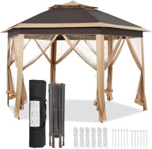 Here is the meta description:

"Instantly create a shaded outdoor space with this Yaheetech 13x13 Pop up Gazebo, featuring hexagonal design, double tiers and mesh netting for maximum shade and ventilation. Perfect for lawn, garden, backyard or deck gatherings."