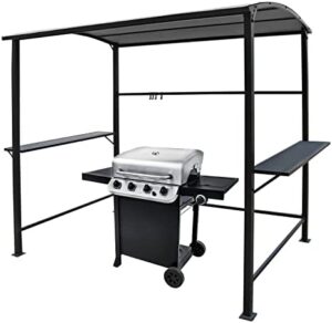 Discover the Verano Garden Grill Gazebo, a 8'L x 4.6'W canopy with metal shelves for outdoor events, parties, and BBQs. Perfect for yards, patios, and backyards.