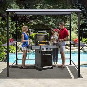 Discover the Verano Garden Grill Gazebo, a 8'L x 4.6'W canopy with metal shelves for outdoor events, parties, and BBQs. Perfect for yards, patios, and backyards.