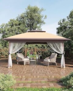 Here is the optimized SEO meta description:

"Set up your backyard oasis with this easy-to-assemble 13x13 canopy tent featuring mosquito netting, height adjustment and included sand bags for stability. Perfect for patios and gardens."