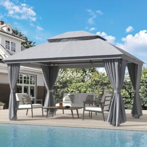 Enhance your outdoor gatherings with the Outdoor Gazebo 10’×13’ featuring a metal frame canopy, double roofs, mosquito netting, and curtains for backyard, garden, lawn, or deck use.