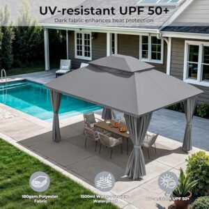 Enhance your outdoor gatherings with the Outdoor Gazebo 10’×13’ featuring a metal frame canopy, double roofs, mosquito netting, and curtains for backyard, garden, lawn, or deck use.