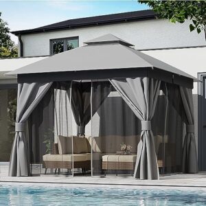 Enhance your outdoor living space with the LAUSAINT HOME 10'x10' gazebo, featuring heavy-duty construction, double roofs, and mosquito nettings for comfortable gatherings. Smoke Grey design complements any backyard.