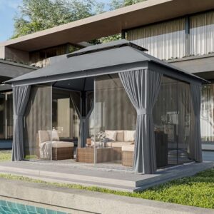 Enhance your backyard gatherings with AOXUN's 10x12 metal frame gazebo featuring double roofs and heavy-duty construction. Perfect for patios, lawns, gardens, or decks, this gray gazebo includes mosquito netting and a privacy screen.
