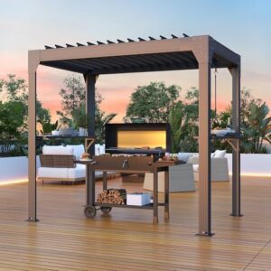 Elevate your outdoor living space with MELLCOM's Grill Pergola featuring an adjustable louvered roof, 2 shelves, and rain gutter. Perfect for BBQs and patios, this waterproof gazebo offers a spacious and comfortable retreat.
